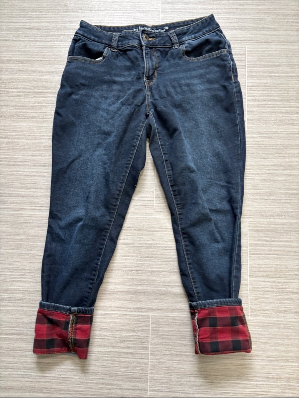 Maurices Dark Blue Skinny Jeans with Red Plaid Cuff
